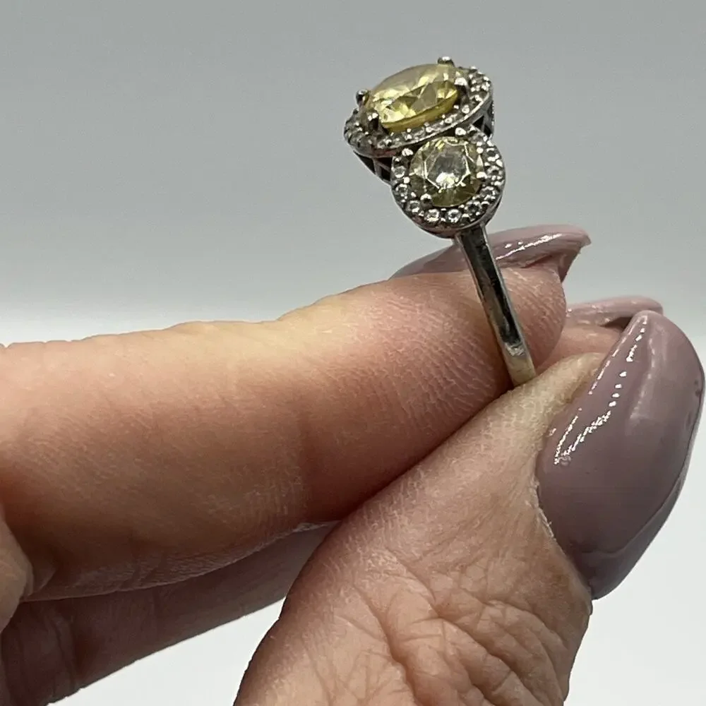 KIERA COUTURE 925 STERLING SILVER 3 CANARY YELLOW CRYSTALS HALO RING Sz 8